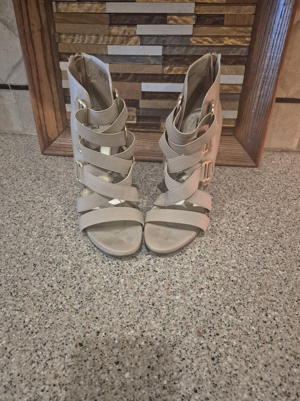 Via Neroli Beige Strappy Block-Heel Sandals